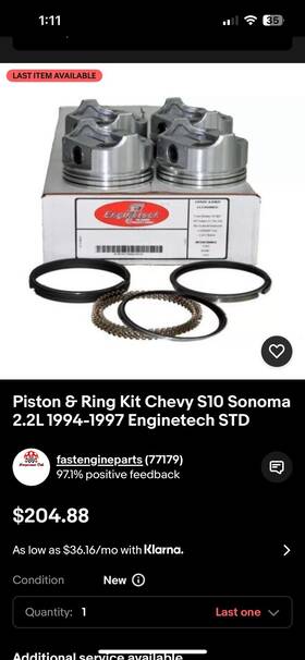 Ry6743 Enginetech Piston And Ring Kit Chevy S10 Sonoma 2.2l 1994-1997 Std