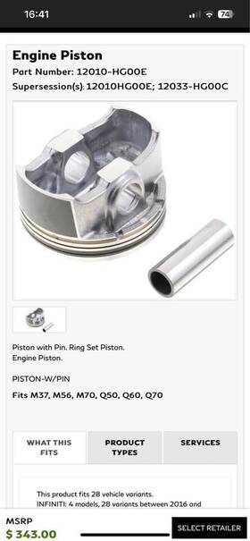 12010-hg00e Infiniti 2016-2019 Q50/q60/q70 Pistons With Pin